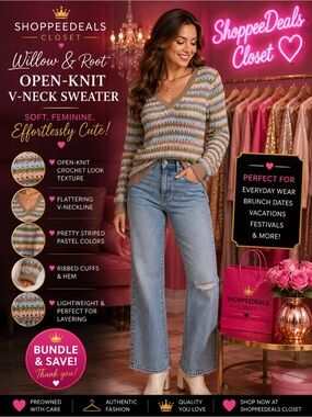 Willow & Root Open-Knit Striped V-Neck Sweater – Size M